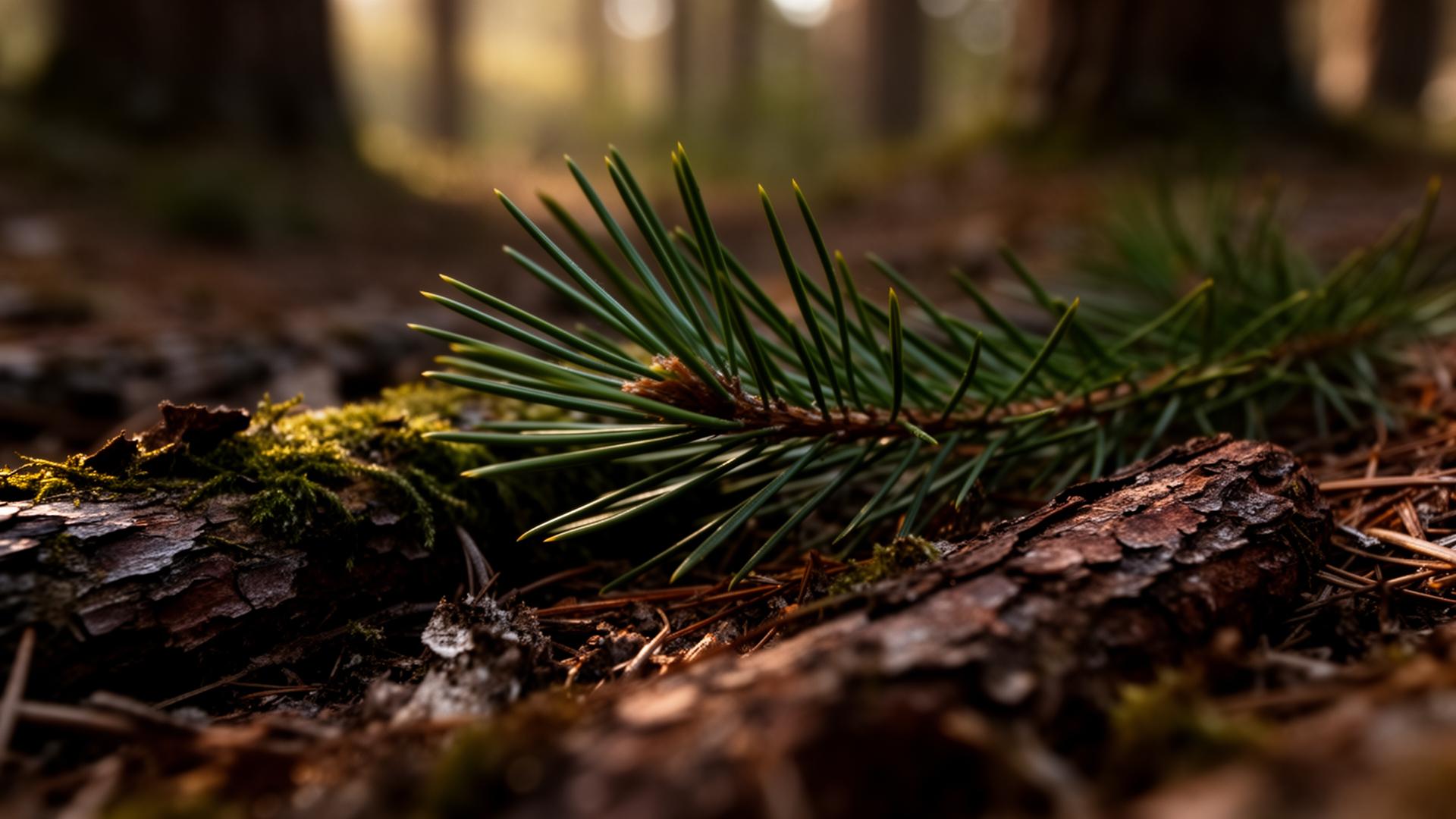Pine needles and bark on the forest floor